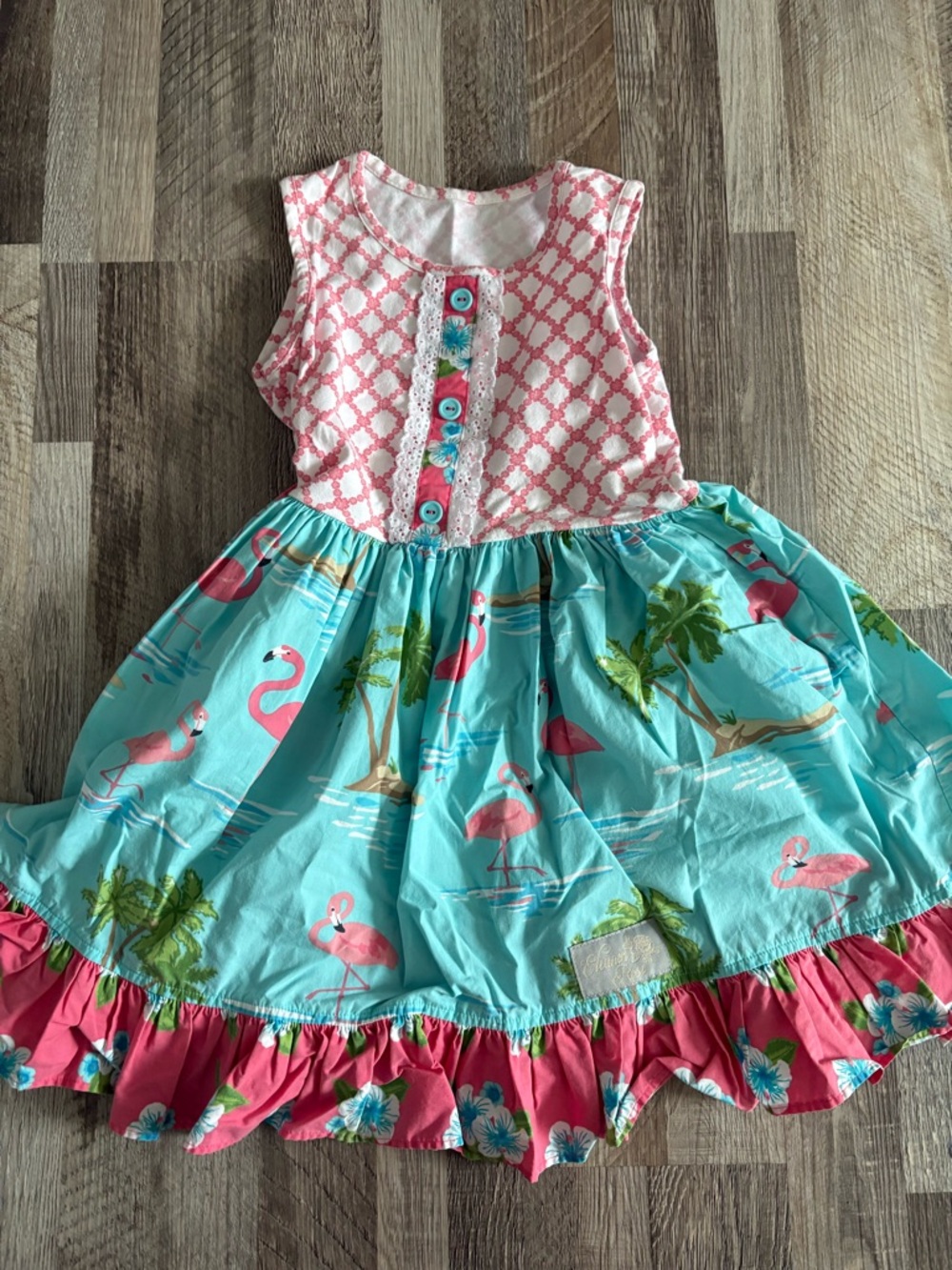 Eleanor Rose Boutique Sleeveless Pink & Aqua Flamingo Print Dress Size 6